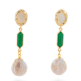 Pendientes de bronce con perlas barrocas de río de nácar y jade verde