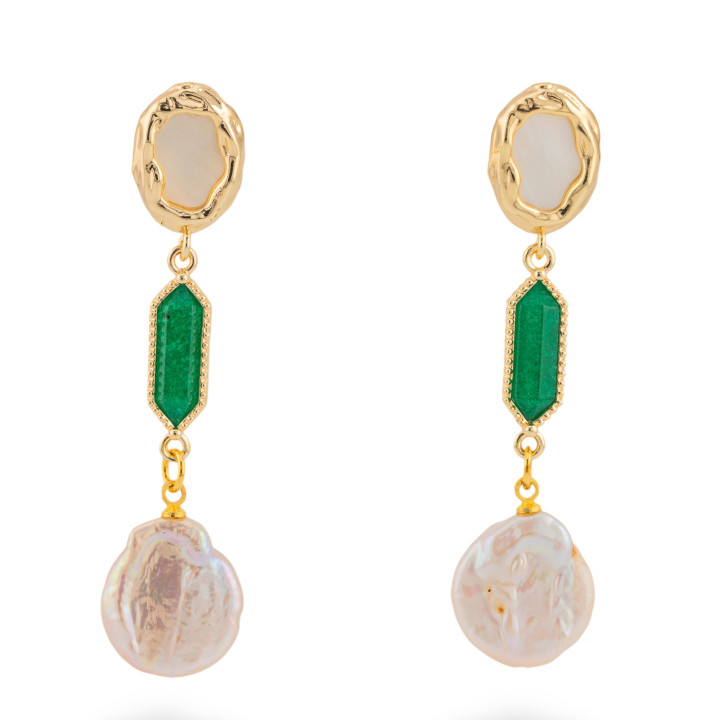 Boucles D'oreilles Tige En Bronze Avec Nacre Et Jade Vert Perles De Rivière Baroques