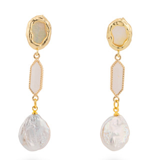 Boucles D'oreilles Tige En Bronze Avec Nacre Et Perles De Rivière Baroques Pierre De Lune