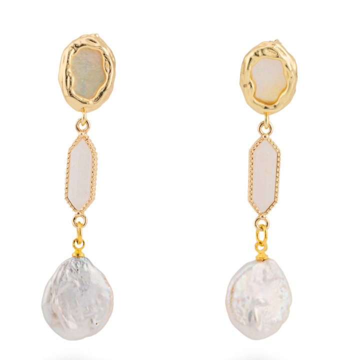 Boucles D'oreilles Tige En Bronze Avec Nacre Et Perles De Rivière Baroques Pierre De Lune