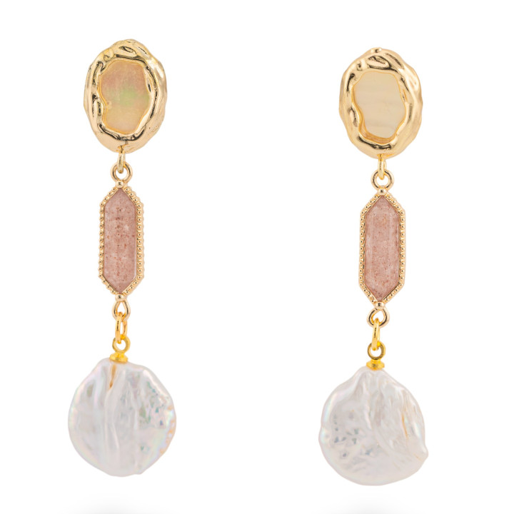 Bronze-Ohrstecker mit barocken Flussperlen aus Perlmutt und Erdbeerquarz