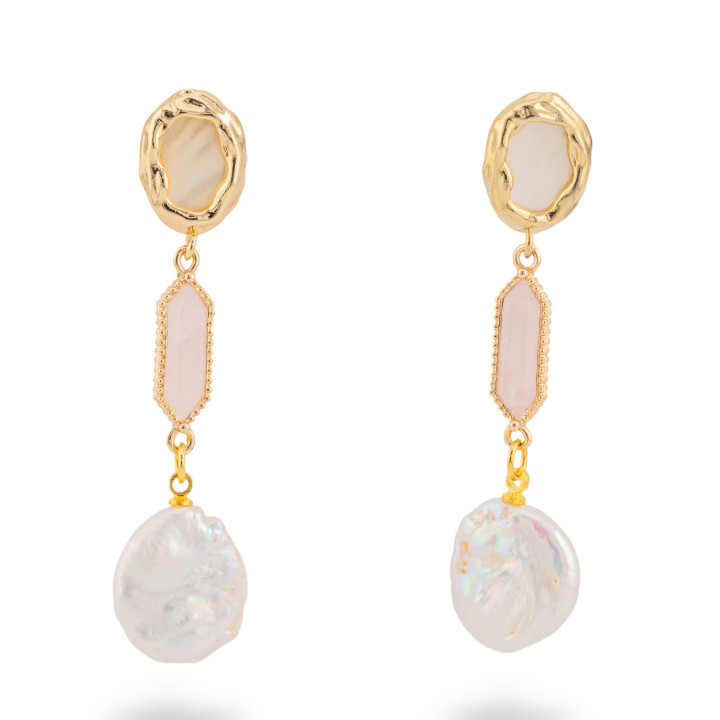 Boucles d'oreilles clous en bronze avec perles de rivière baroques en nacre et quartz rose