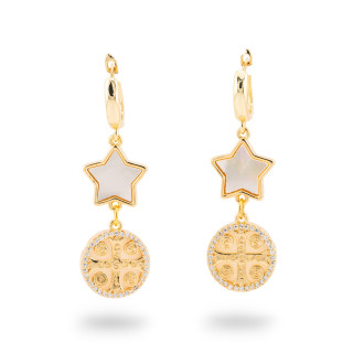 Orecchini Di Bronzo A Perno Con Madreperla E zirconi 16x46mm Dorato MOD2