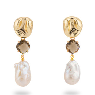 Aretes de Bronce con Perlas de Río y Cristales CZ 16x55mm Humo