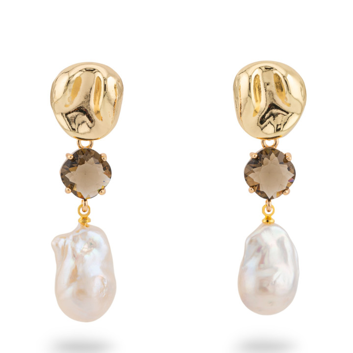 Aretes de Bronce con Perlas de Río y Cristales CZ 16x55mm Humo