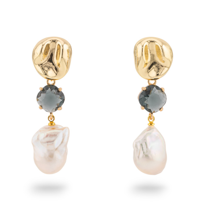 Orecchini Di Bronzo A Perno Con Perle Di Fiume E Cristalli CZ 16x55mm Smoke