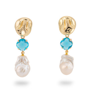 Orecchini Di Bronzo A Perno Con Perle Di Fiume E Cristalli CZ 16x55mm Turchese