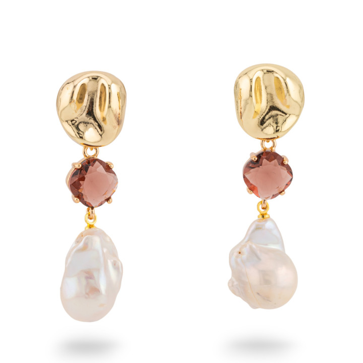 Bronze Stud Earrings With River Pearls And CZ Crystals 16x55mm Burgundy