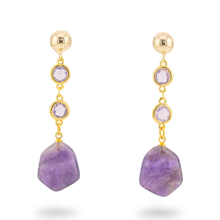 Bronze-Ohrstecker mit Halbedelsteinen und CZ-Kristallen, 16 x 60 mm, Amethyst