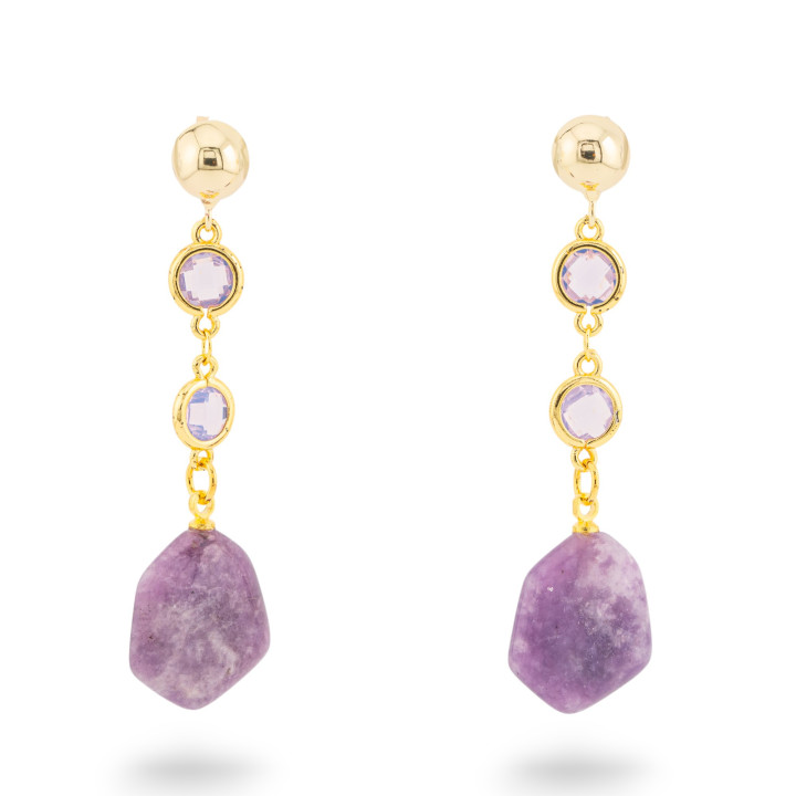 Bronze-Ohrstecker mit Halbedelsteinen und CZ-Kristallen, 16 x 60 mm, roher Amethyst