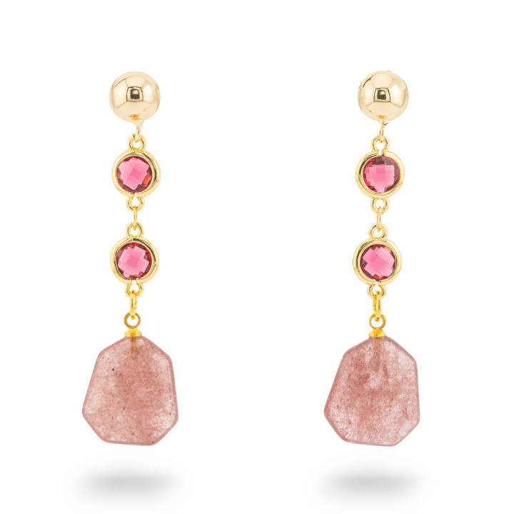 Bronze Stud Earrings with Hard Stones and CZ Crystals 16x60mm Strawberry Quartz