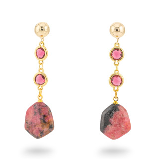 Boucles d'oreilles clous en bronze avec pierres semi-précieuses et cristaux CZ 16x60mm Rhodonite