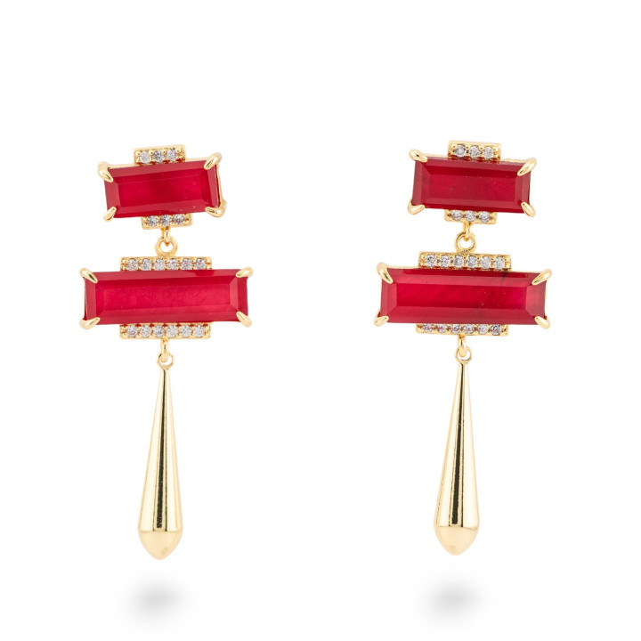 Bronze-Ohrstecker mit Halbedelsteinen und Bronze-Tropfen 22 x 50 mm, Jaderot