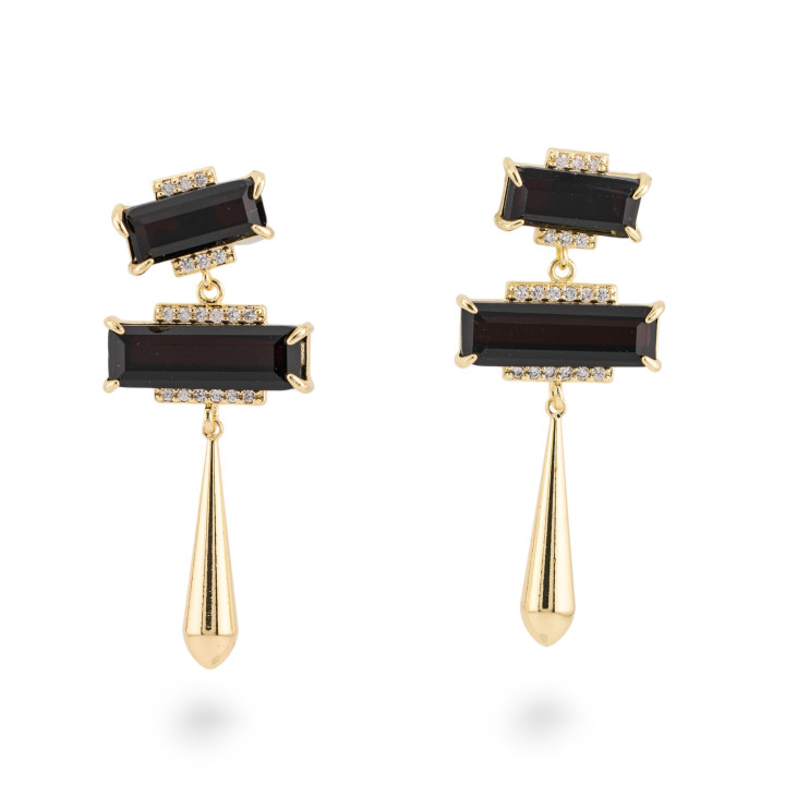 Orecchini Perno Di Bronzo Con Pietre Dure E Goccia Di Bronzo 22x50mm Nero