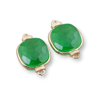 Brass Component Connector With Cat's Eye Crystals Set Square 14mm 10pcs Green