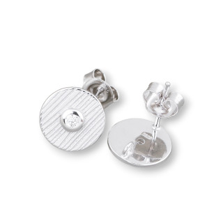 925 Silver Earring Base Pin Plate Striped 11mm With Light Point 2 Pairs Rhodium Plated