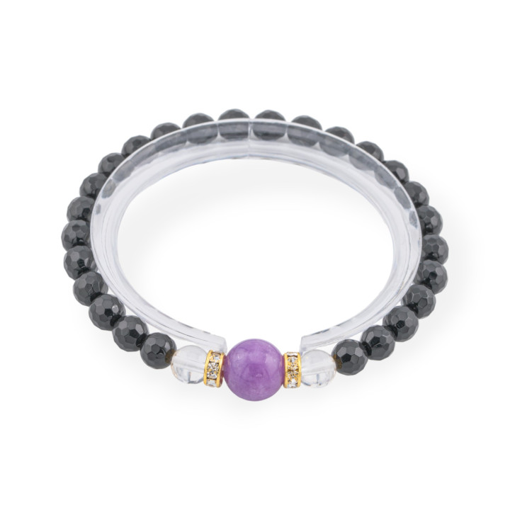 Pulsera Elástica De Ónix De 8mm Con Piedras Semipreciosas Y Arandelas De Latón De Jade Morado