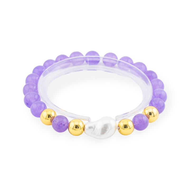 Elastic Bracelet Of 8mm Hard Stones With Hematite And Diamond Cendrale Jade Lavender