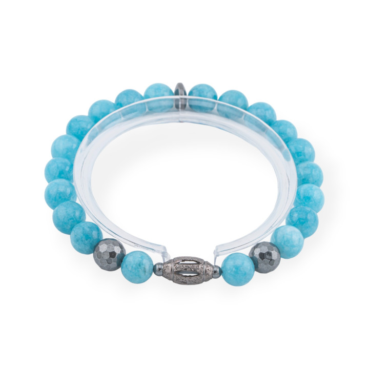 Bracelet Élastique 8mm de Pierres Semi-précieuses avec Hématite et Diamant Ligne Cendral Angelite Homme