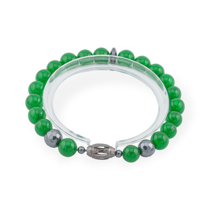 Elastisches Armband aus 8 mm Halbedelsteinen mit Hämatit und Diamant Cendral Green Jade Herrenlinie