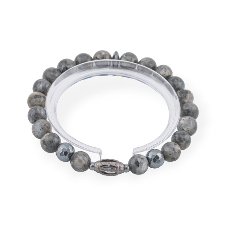 Elastisches Armband aus 8 mm Halbedelsteinen mit Hämatit und Diamant Cendral Labradorite Herrenlinie