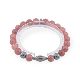 Elastic Bracelet Of Hard Stones 8mm With Hematite And Diamond Cendrale Men's Line Strawberry Quartz