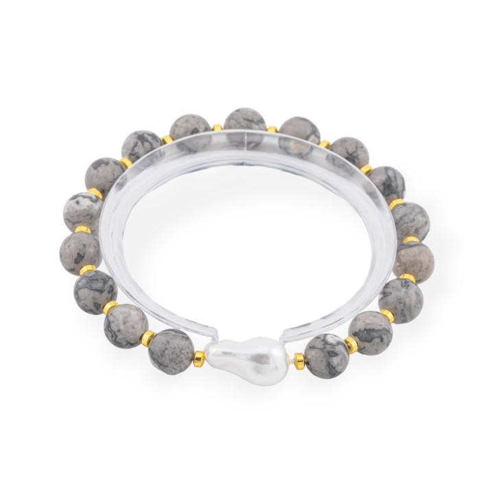 Bracciale Elastico Di Pietre Dure 8mm Con Perla Di Maiorca Barocca Agata Fossile Dorato