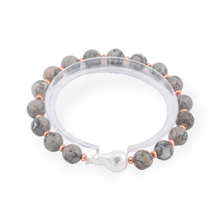Elastic Bracelet Of 8mm Hard Stones With Baroque Mallorca Pearl Fossil Agate Rose Gold