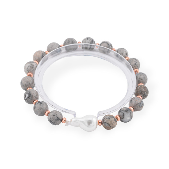 Elastic Bracelet Of 8mm Hard Stones With Baroque Mallorca Pearl Fossil Agate Rose Gold