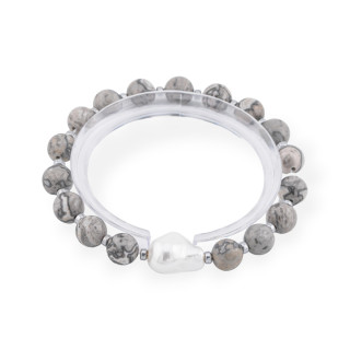 Bracciale Elastico Di Pietre Dure 8mm Con Perla Di Maiorca Barocca Agata Fossile Rodiato