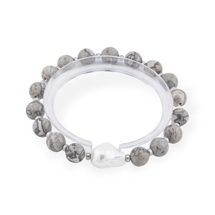 Pulsera Elástica de Piedras Semipreciosas 8mm con Perla Ágata Fósil de Mallorca Barroca Rodiada