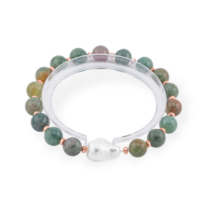 Bracciale Elastico Di Pietre Dure 8mm Con Perla Di Maiorca Barocca Agata Indiana Oro Rosa