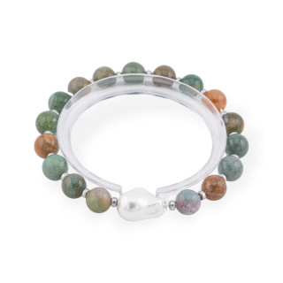 Bracelet élastique de pierres semi-précieuses de 8 mm avec perle baroque de Majorque rhodiée, agate indienne