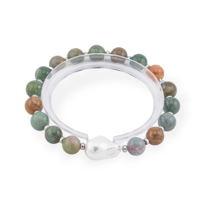 Pulsera Elástica de Piedras Semipreciosas 8mm con Ágata India Perla Barroca de Mallorca rodiada