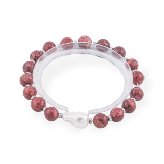Elastic Bracelet Of 8mm Hard Stones With Baroque Majorca Pearl Red Jasper Rhodium Plated
