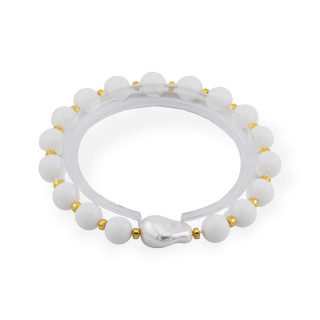 Pulsera Elástica De Piedras Semipreciosas 8mm Con Perla Barroca Mallorquina Jade Blanco Dorado