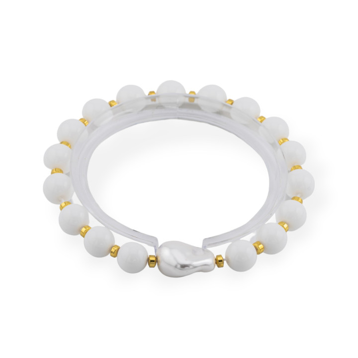 Elastic Bracelet Of 8mm Hard Stones With Baroque Majorca Pearl White Jade Gold