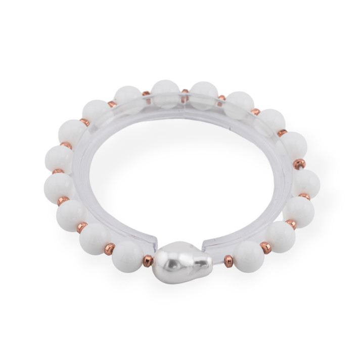 Pulsera Elástica De Piedras Semipreciosas 8mm Con Perla Barroca Mallorquina Jade Blanco Oro Rosa