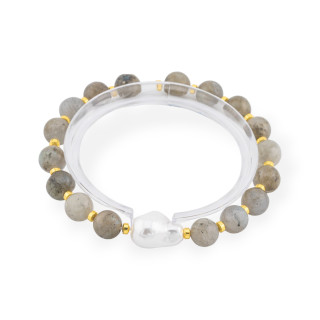 Bracciale Elastico Di Pietre Dure 8mm Con Perla Di Maiorca Barocca Labradorite Dorato