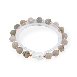 Bracelet Élastique de Pierres Semi-précieuses 8mm avec Perle Baroque de Majorque Labradorite Or Rose