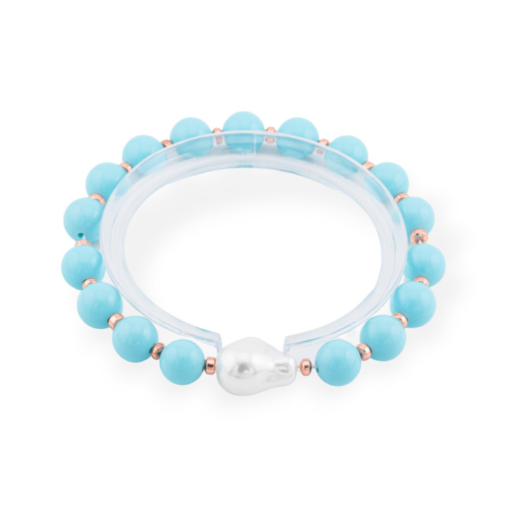 Pulsera Elástica De Piedras Semipreciosas 8mm Con Perla Barroca De Mallorca En Pasta Turquesa Oro Rosa