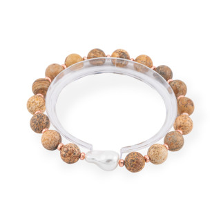 Pulsera Elástica de Piedras Semipreciosas 8mm con Perla Barroca Mallorquina y Piedra Paesena Oro Rosa