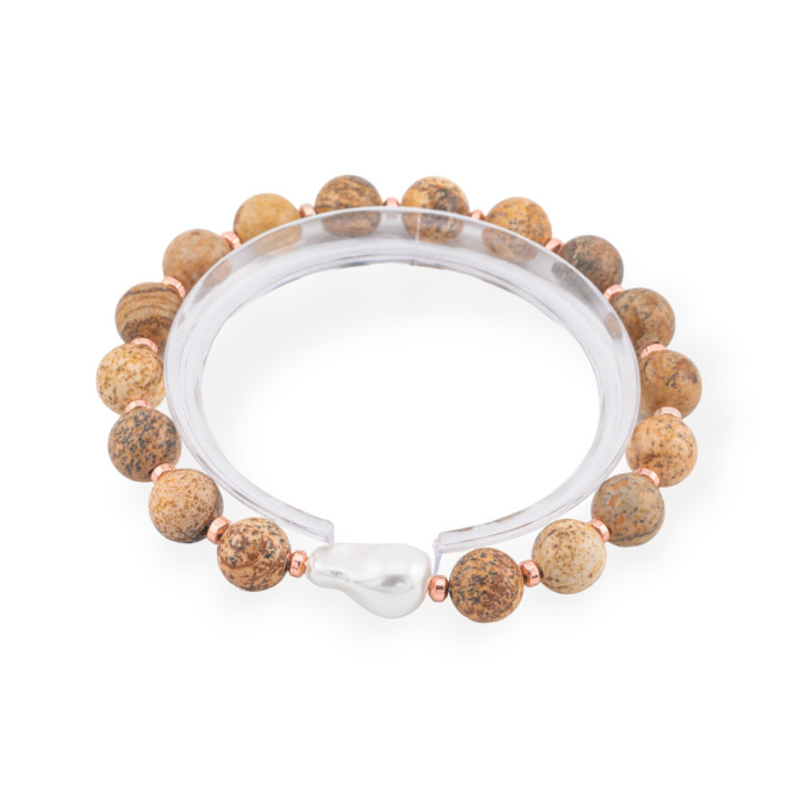 Bracelet élastique de pierres semi-précieuses 8 mm avec perle baroque de Majorque et pierre de Paesena en or rose