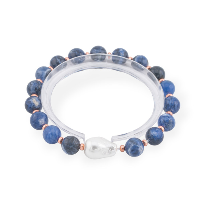 Elastisches Armband aus Halbedelsteinen 8 mm mit barocker mallorquinischer Perle Sodalith-Roségold