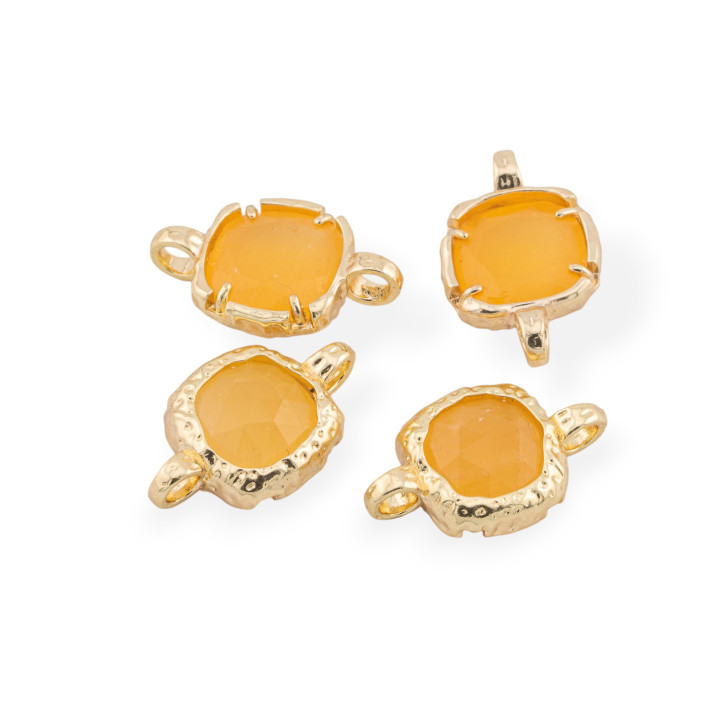 Connettore Componente Di Ottone Con Pietre Naturali Con 2 Anellini Quadrato 13mm 8pz Dorato Giada Giallo