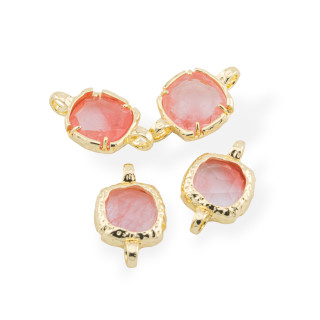 Conector de componente de latón con piedras naturales con 2 anillos cuadrados de 13 mm, 8 piezas de cuarzo cereza dorado