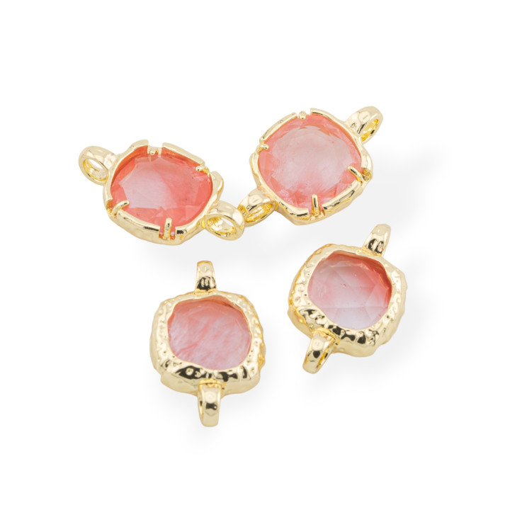 Connector Component Brass With Natural Stones With 2 Jump Rings Square 13mm 8pcs Gold Cherry Quartz