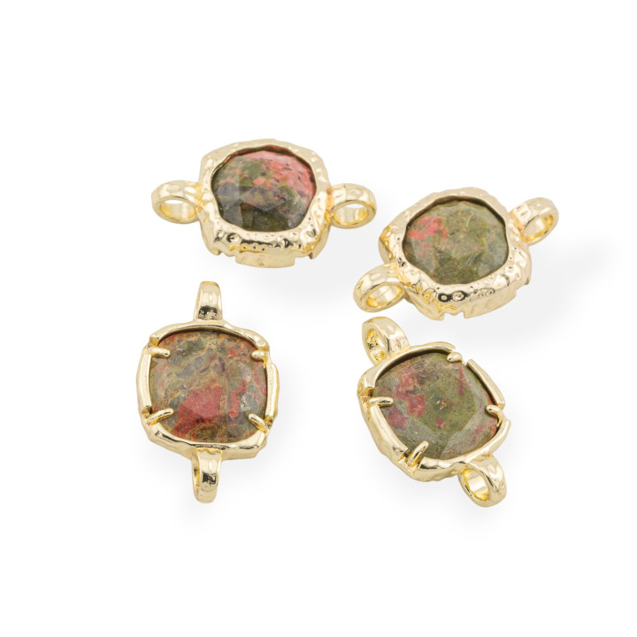 Brass Component Connector With Natural Stones With 2 Jump Rings Square 13mm 8pcs Gold Unakite