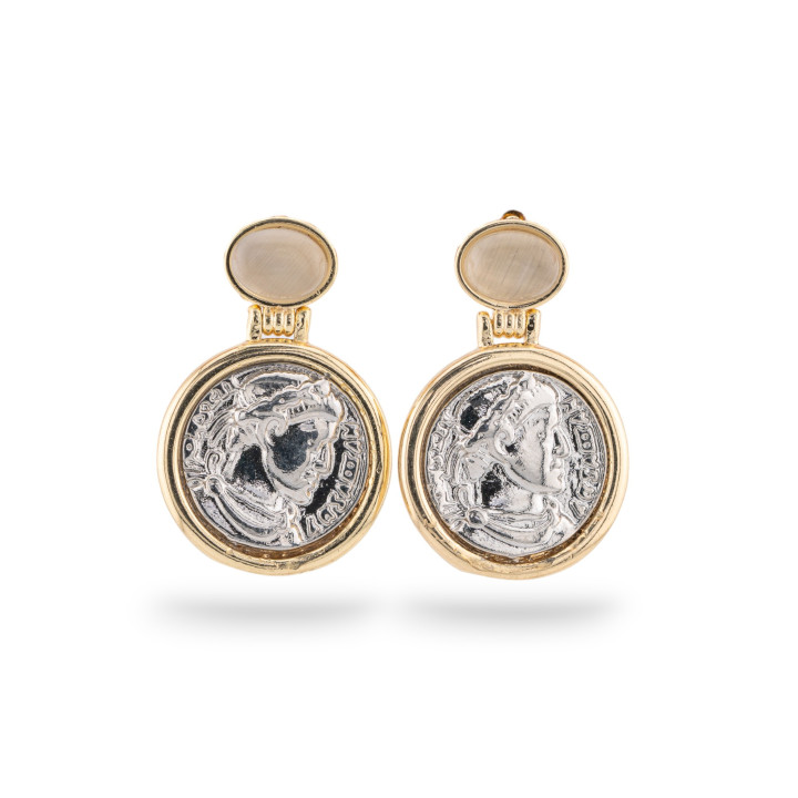 Χάλκινο χρυσό σετ Cat's Eye Coin Stud σκουλαρίκια 20x30mm MOD3