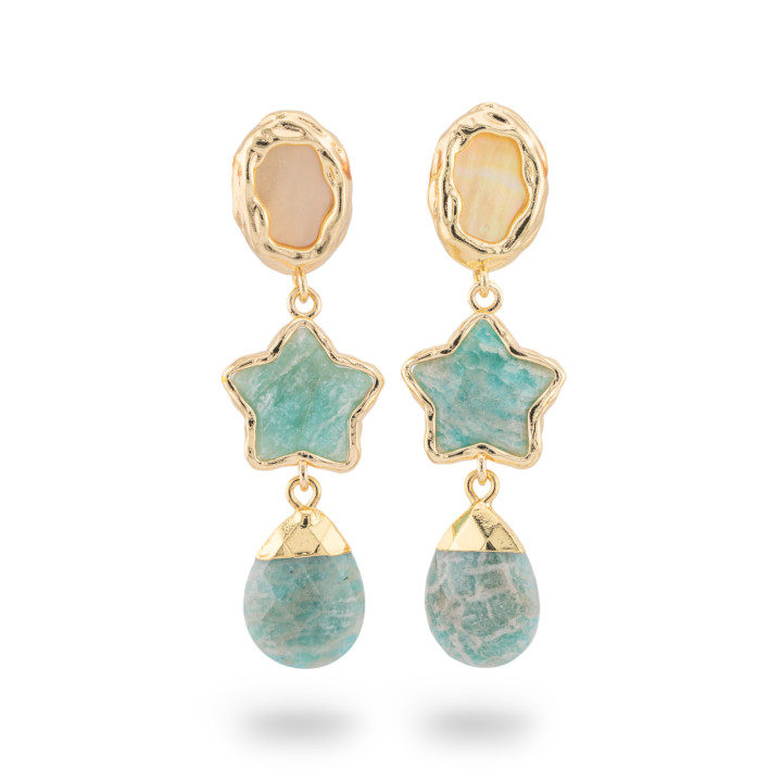 Boucles d'oreilles clous en bronze avec élément de pierre précieuse étoile et pendentif goutte d'amazonite dorée